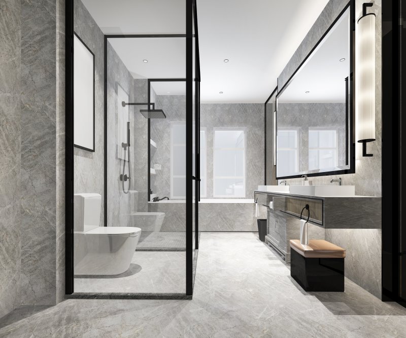 Modernes Badezimmer mit schwarzer Regendusche